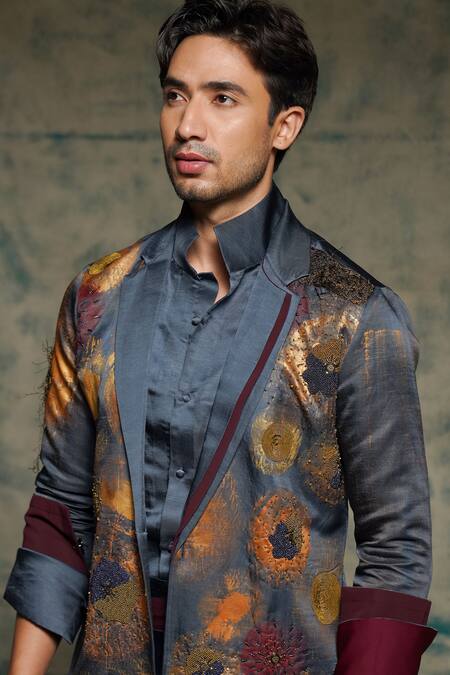Jatin Malik_Blue Linen, Silk Embroidery Hand Painted Concept Blazer Set _at_Aza_Fashions