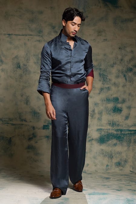 Shop_Jatin Malik_Blue Linen, Silk Embroidery Hand Painted Concept Blazer Set 