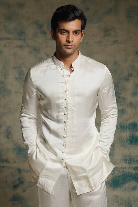 Jatin Malik Ivory Linen, Silk Embroidery, Sequins Hand Short Jacket Set Online at Aza Fashions Jatin Malik_Ivory Linen, Silk Embroidery, Sequins Hand Short Jacket Set _Online_at_Aza_Fashions