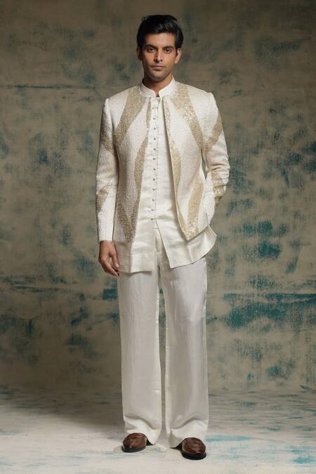 Shop Jatin Malik Ivory Linen, Silk Embroidery, Sequins Hand Short Jacket Set Online at Aza Fashions Shop_Jatin Malik_Ivory Linen, Silk Embroidery, Sequins Hand Short Jacket Set _Online_at_Aza_Fashions