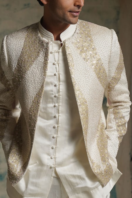 Jatin Malik Ivory Linen, Silk Embroidery, Sequins Hand Short Jacket Set at Aza Fashions Jatin Malik_Ivory Linen, Silk Embroidery, Sequins Hand Short Jacket Set _at_Aza_Fashions