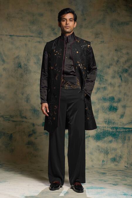 Shop_Jatin Malik_Black Linen, Silk Embroidery, Sequins And Gold Hand Shrug Set _Online_at_Aza_Fashions
