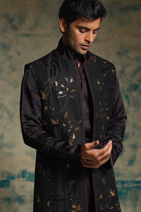 Jatin Malik_Black Linen, Silk Embroidery, Sequins And Gold Hand Shrug Set _at_Aza_Fashions