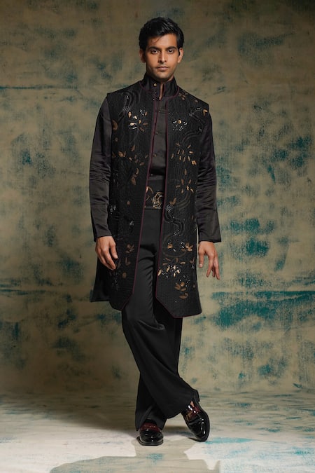 Jatin Malik Black & Gold Hand Embroidered Shrug Set 