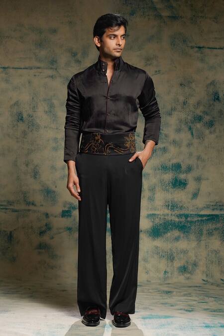 Buy_Jatin Malik_Black Linen, Silk Embroidery, Sequins And Gold Hand Shrug Set 