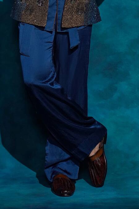 Jatin Malik_Blue Linen, Silk Embroidery Teal And Ombre Hand Short Jacket Set _Online_at_Aza_Fashions