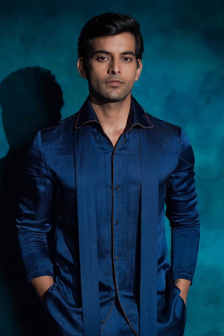 Buy_Jatin Malik_Blue Linen, Silk Embroidery Teal And Ombre Hand Short Jacket Set _Online_at_Aza_Fashions