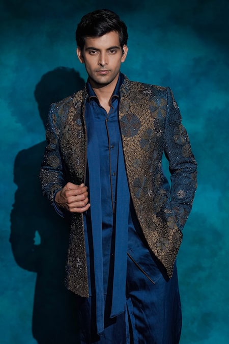 Shop_Jatin Malik_Blue Linen, Silk Embroidery Teal And Ombre Hand Short Jacket Set _Online_at_Aza_Fashions
