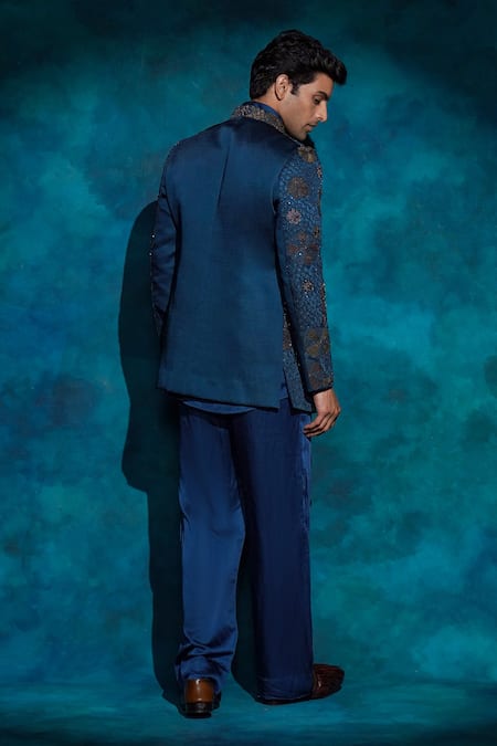 Jatin Malik Teal & Ombre Hand Embroidered Short Jacket Set 