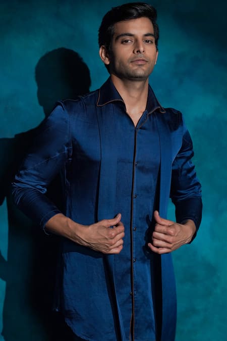 Jatin Malik_Blue Linen, Silk Embroidery Teal And Ombre Hand Short Jacket Set _at_Aza_Fashions