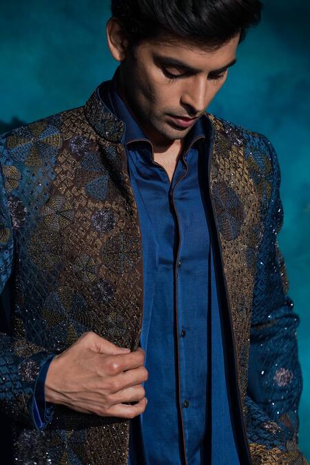 Buy_Jatin Malik_Blue Linen, Silk Embroidery Teal And Ombre Hand Short Jacket Set 