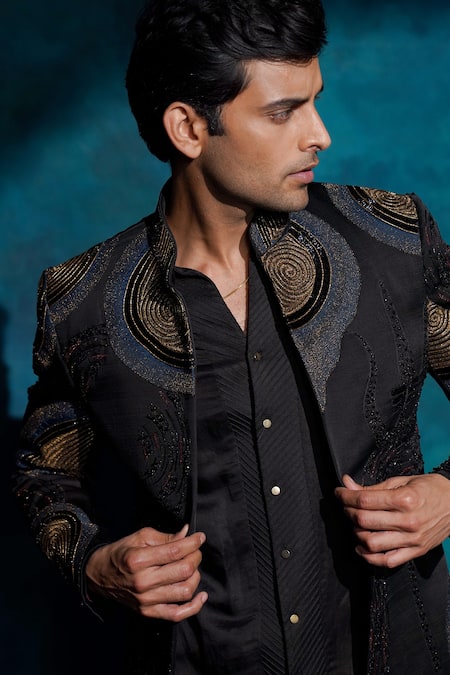 Buy_Jatin Malik_Black Linen, Silk Embroidery Hand Badhgala Set _Online_at_Aza_Fashions