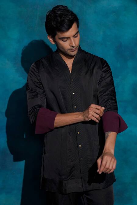 Shop_Jatin Malik_Black Linen, Silk Embroidery Hand Badhgala Set _Online_at_Aza_Fashions