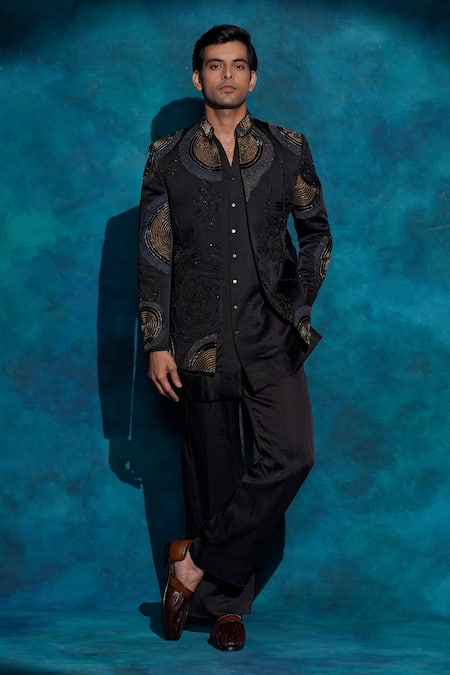 Jatin Malik Black Linen, Silk Embroidery Hand Badhgala Set 