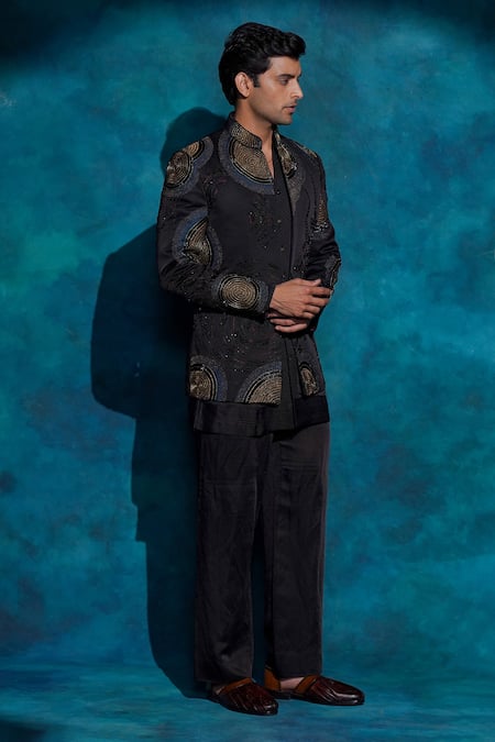 Jatin Malik_Black Linen, Silk Embroidery Hand Badhgala Set _at_Aza_Fashions