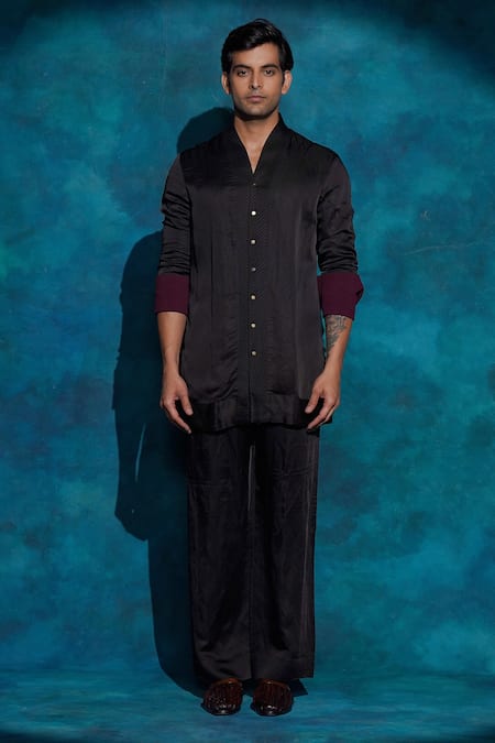 Buy_Jatin Malik_Black Linen, Silk Embroidery Hand Badhgala Set 