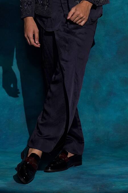 Buy_Jatin Malik_Navy Linen, Silk Embroidery Midnight Blue Floral Jacket Set _Online_at_Aza_Fashions