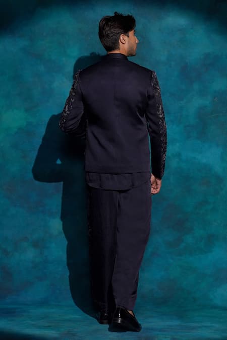 Jatin Malik Midnight Blue Floral Embroidered Jacket Set 