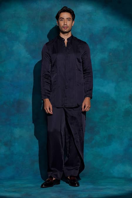 Shop_Jatin Malik_Navy Linen, Silk Embroidery Midnight Blue Floral Jacket Set _Online_at_Aza_Fashions