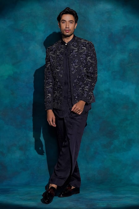 Jatin Malik Navy Linen, Silk Embroidery Midnight Blue Floral Jacket Set 