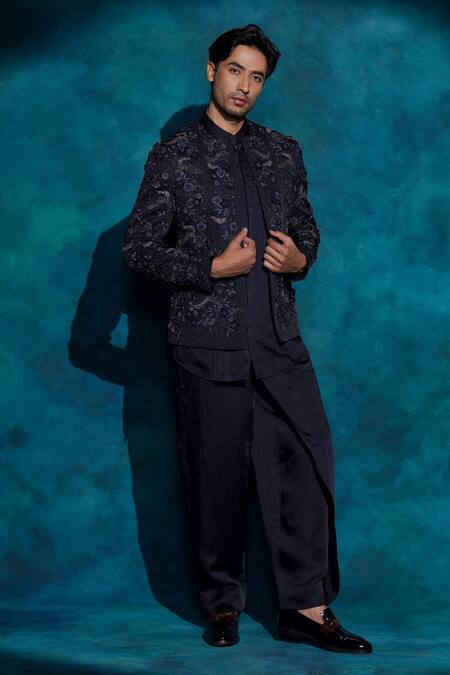Jatin Malik_Navy Linen, Silk Embroidery Midnight Blue Floral Jacket Set _at_Aza_Fashions