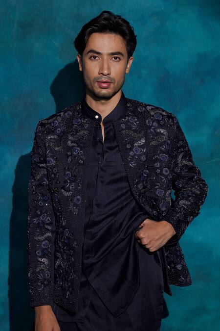 Buy_Jatin Malik_Navy Linen, Silk Embroidery Midnight Blue Floral Jacket Set 