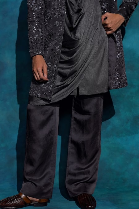Jatin Malik_Charcoal Linen, Silk Embroidery, Sequins Hand Jacket And Trouser Set _Online_at_Aza_Fashions