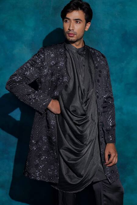 Buy_Jatin Malik_Charcoal Linen, Silk Embroidery, Sequins Hand Jacket And Trouser Set _Online_at_Aza_Fashions