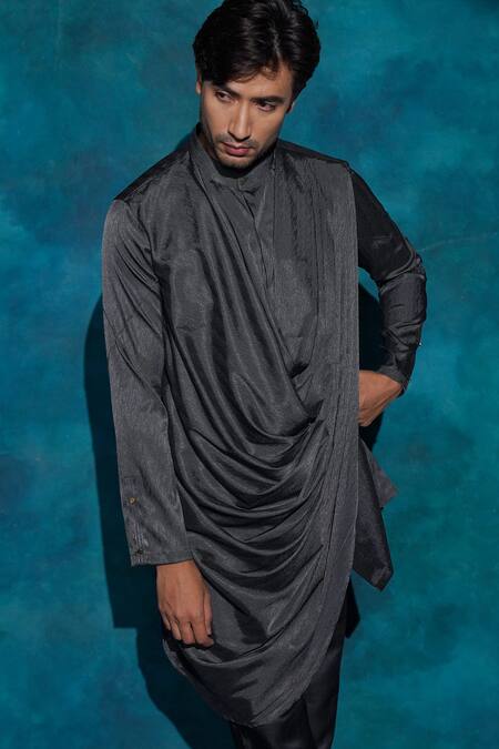 Shop_Jatin Malik_Charcoal Linen, Silk Embroidery, Sequins Hand Jacket And Trouser Set _Online_at_Aza_Fashions