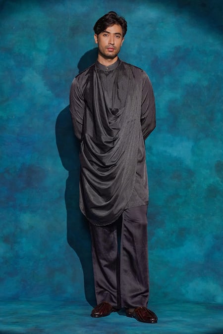 Jatin Malik_Charcoal Linen, Silk Embroidery, Sequins Hand Jacket And Trouser Set _at_Aza_Fashions