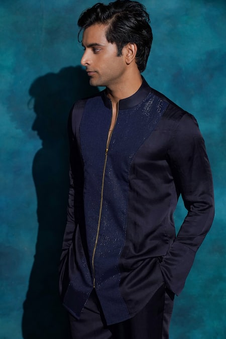 Jatin Malik_Blue Linen, Silk Embroidery Hand Concept Blazer Set _Online_at_Aza_Fashions