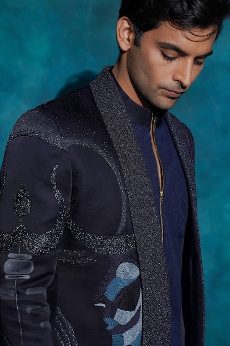 Buy_Jatin Malik_Blue Linen, Silk Embroidery Hand Concept Blazer Set _Online_at_Aza_Fashions