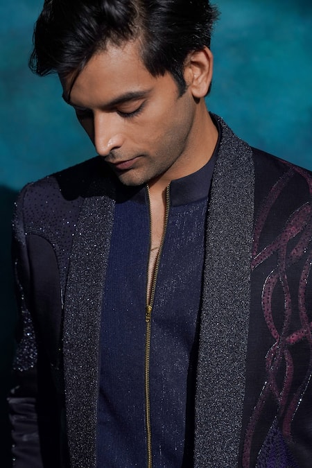 Shop_Jatin Malik_Blue Linen, Silk Embroidery Hand Concept Blazer Set _Online_at_Aza_Fashions