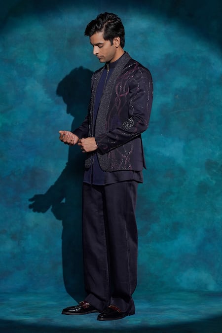 Jatin Malik_Blue Linen, Silk Embroidery Hand Concept Blazer Set _at_Aza_Fashions