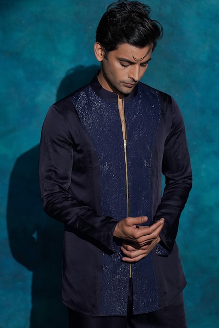 Buy_Jatin Malik_Blue Linen, Silk Embroidery Hand Concept Blazer Set 