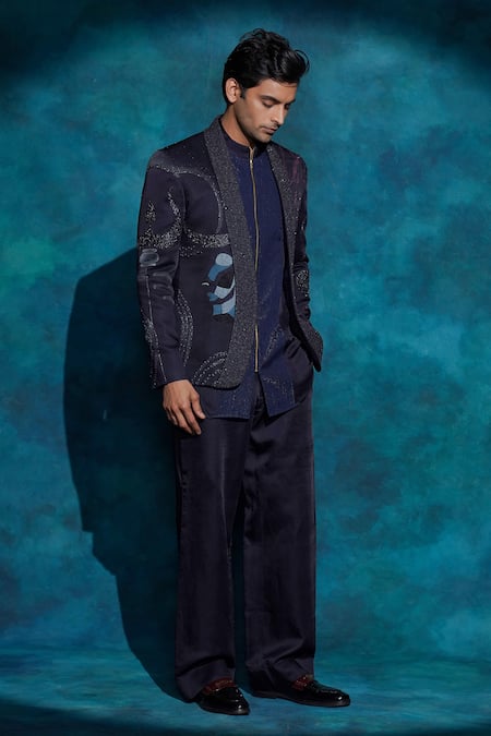 Shop_Jatin Malik_Blue Linen, Silk Embroidery Hand Concept Blazer Set 