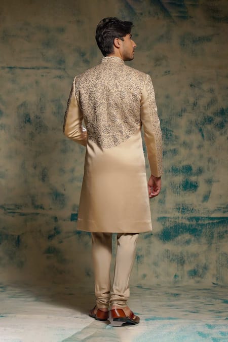 Jatin Malik Sand Grey Linen Silk Embriodered Sherwani Set 