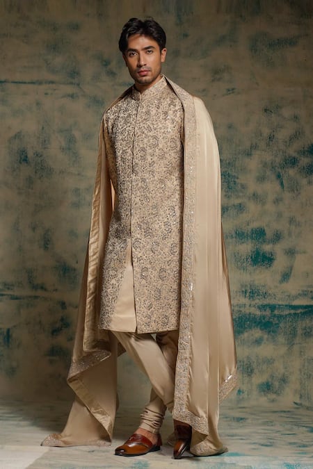 Jatin Malik_Beige Linen, Silk Embroidery, Sequins Sand Grey Embriodered Sherwani Set _Online_at_Aza_Fashions