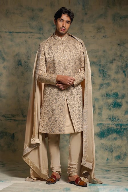 Jatin Malik Beige Linen, Silk Embroidery, Sequins Sand Grey Embriodered Sherwani Set 