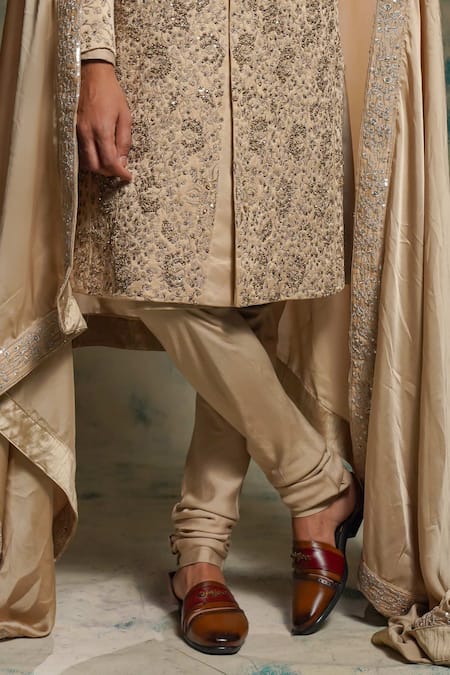 Buy_Jatin Malik_Beige Linen, Silk Embroidery, Sequins Sand Grey Embriodered Sherwani Set _Online_at_Aza_Fashions