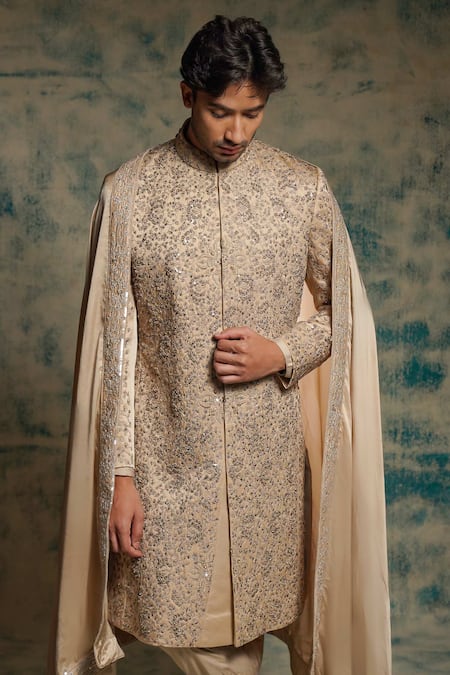 Shop_Jatin Malik_Beige Linen, Silk Embroidery, Sequins Sand Grey Embriodered Sherwani Set _Online_at_Aza_Fashions