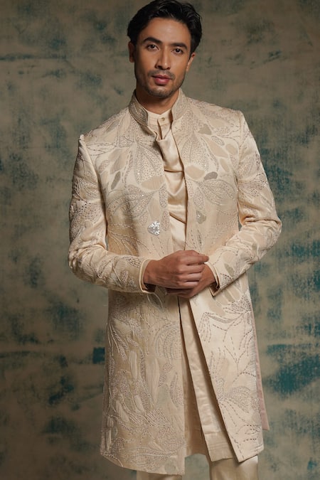 Jatin Malik_Cream Linen, Silk Embroidery, Sequins Hand Jacket And Trouser Set _Online_at_Aza_Fashions