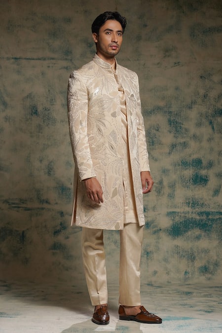 Buy_Jatin Malik_Cream Linen, Silk Embroidery, Sequins Hand Jacket And Trouser Set _Online_at_Aza_Fashions