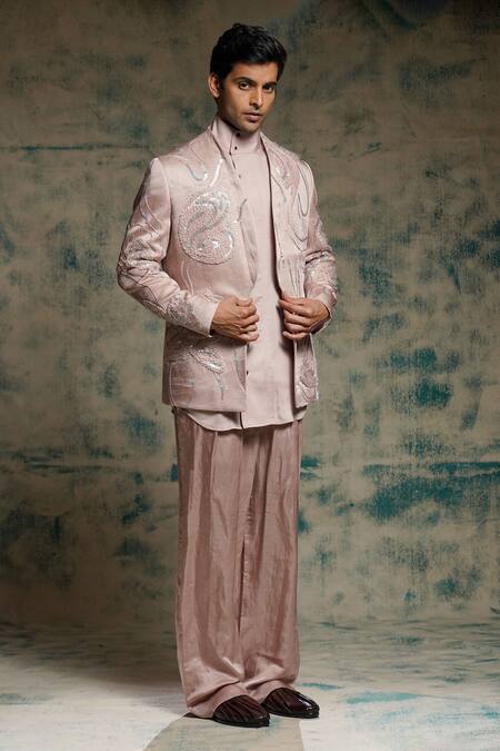 Shop_Jatin Malik_Lilac Linen, Silk Embroidery, Sequins Hand Blazer Set _Online_at_Aza_Fashions
