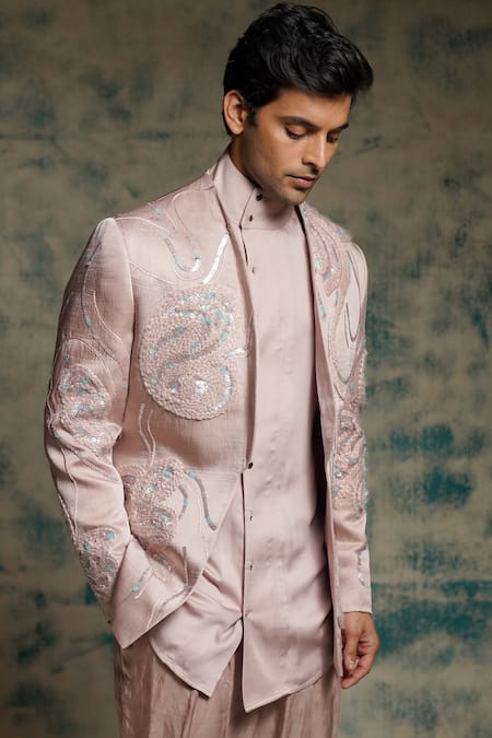 Jatin Malik_Lilac Linen, Silk Embroidery, Sequins Hand Blazer Set _at_Aza_Fashions