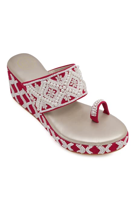 NR By Nidhi Rathi_Magenta Pearls, Beads Embellished One-toe Wedge Heels _Online_at_Aza_Fashions