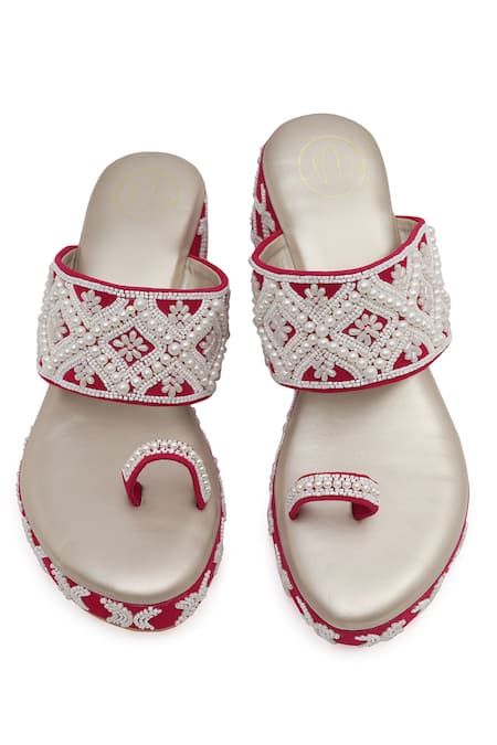 Buy_NR By Nidhi Rathi_Magenta Pearls, Beads Embellished One-toe Wedge Heels _Online_at_Aza_Fashions