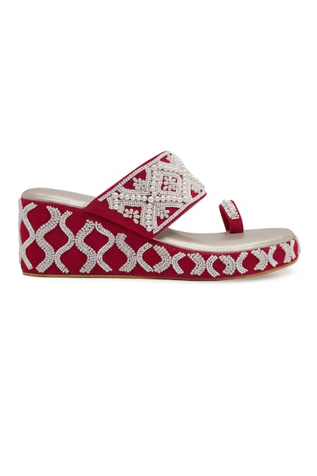 Shop_NR By Nidhi Rathi_Magenta Pearls, Beads Embellished One-toe Wedge Heels _Online_at_Aza_Fashions