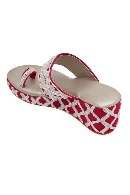 NR By Nidhi Rathi_Magenta Pearls, Beads Embellished One-toe Wedge Heels _at_Aza_Fashions