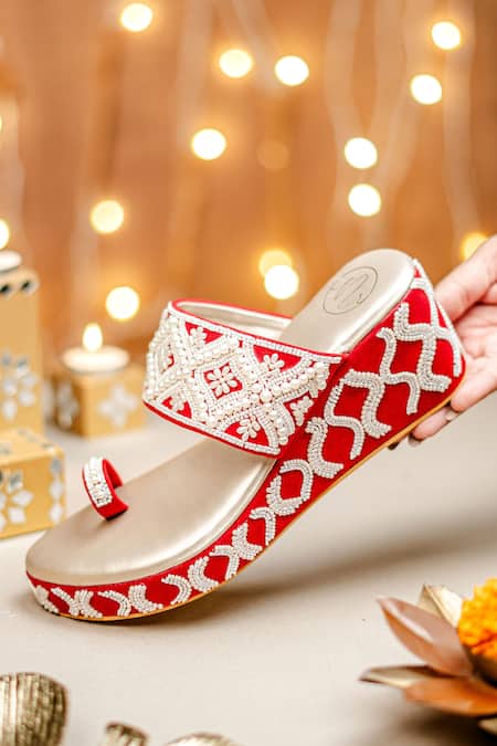 Buy_NR By Nidhi Rathi_Magenta Pearls, Beads Embellished One-toe Wedge Heels 